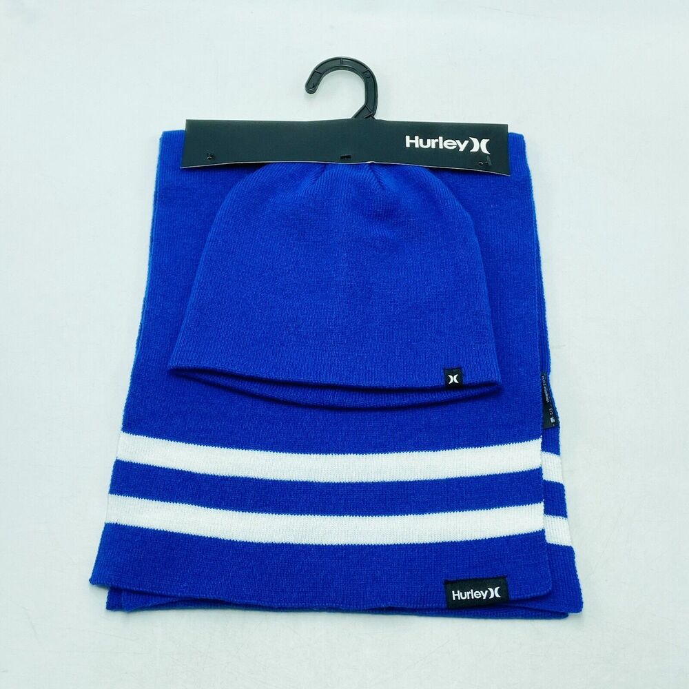 Hurley New York Beanie Hat and Scarf 2 Piece Set Blue White Stripe One Size New